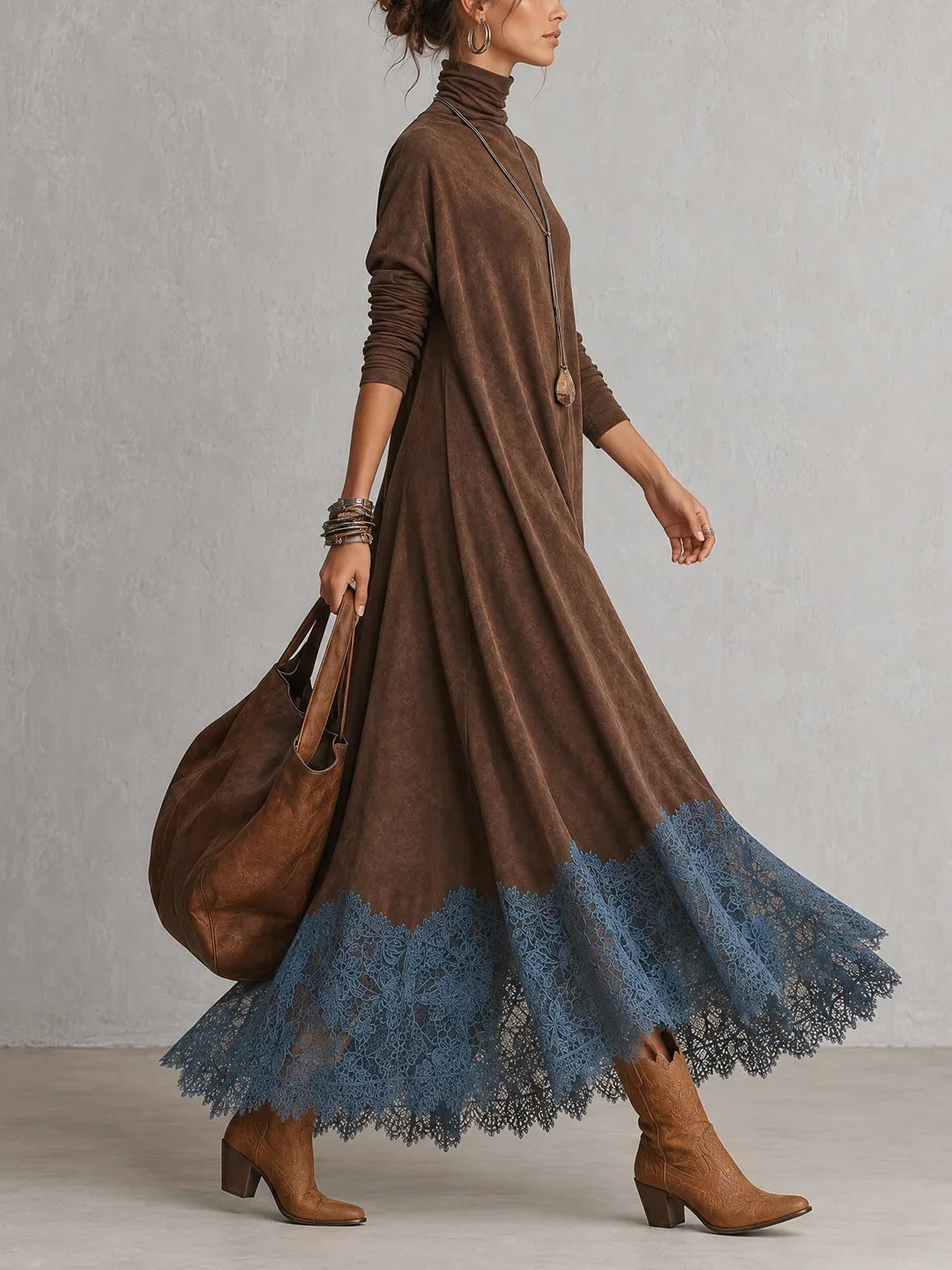 BRUNELLA | Long Dress with Suede Effect and Lace Hem