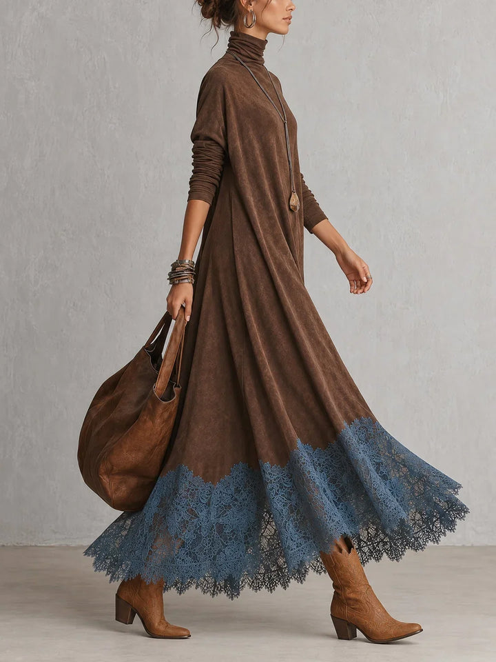 BRUNELLA | Long Dress with Suede Effect and Lace Hem