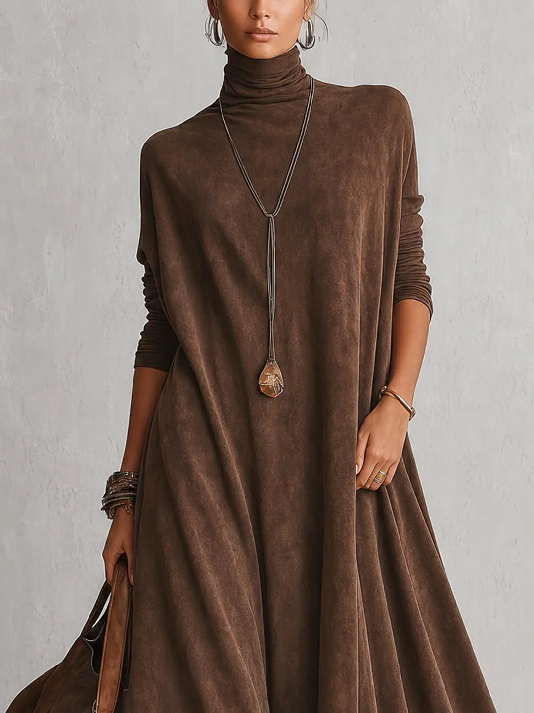 BRUNELLA | Long Dress with Suede Effect and Lace Hem