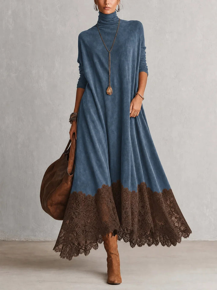BRUNELLA | Long Dress with Suede Effect and Lace Hem
