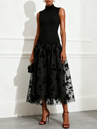 Addie | Flocked Knit High Neck Drop-Waist Sleeveless A-Line Maxi Dress