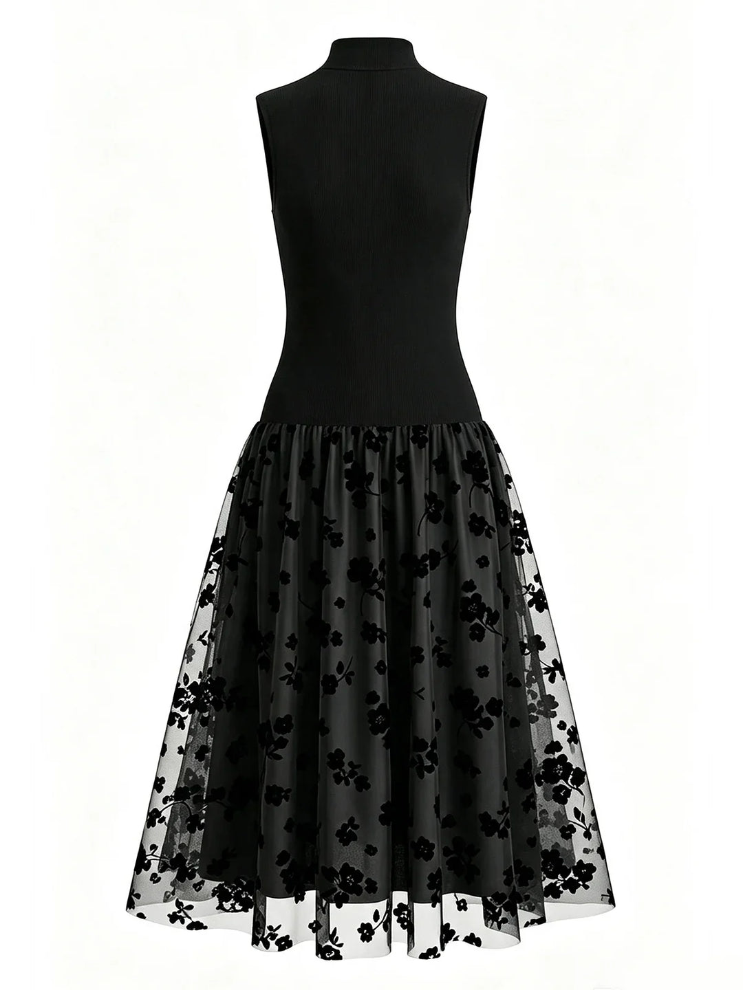 Addie | Flocked Knit High Neck Drop-Waist Sleeveless A-Line Maxi Dress