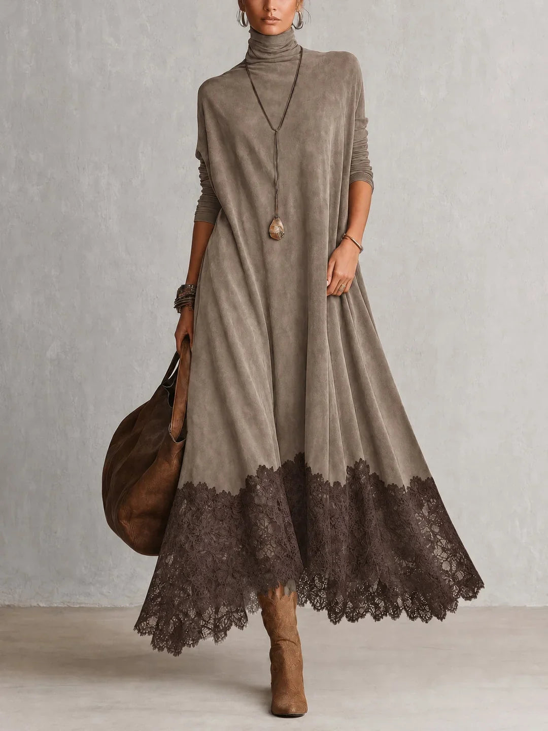 BRUNELLA | Long Dress with Suede Effect and Lace Hem