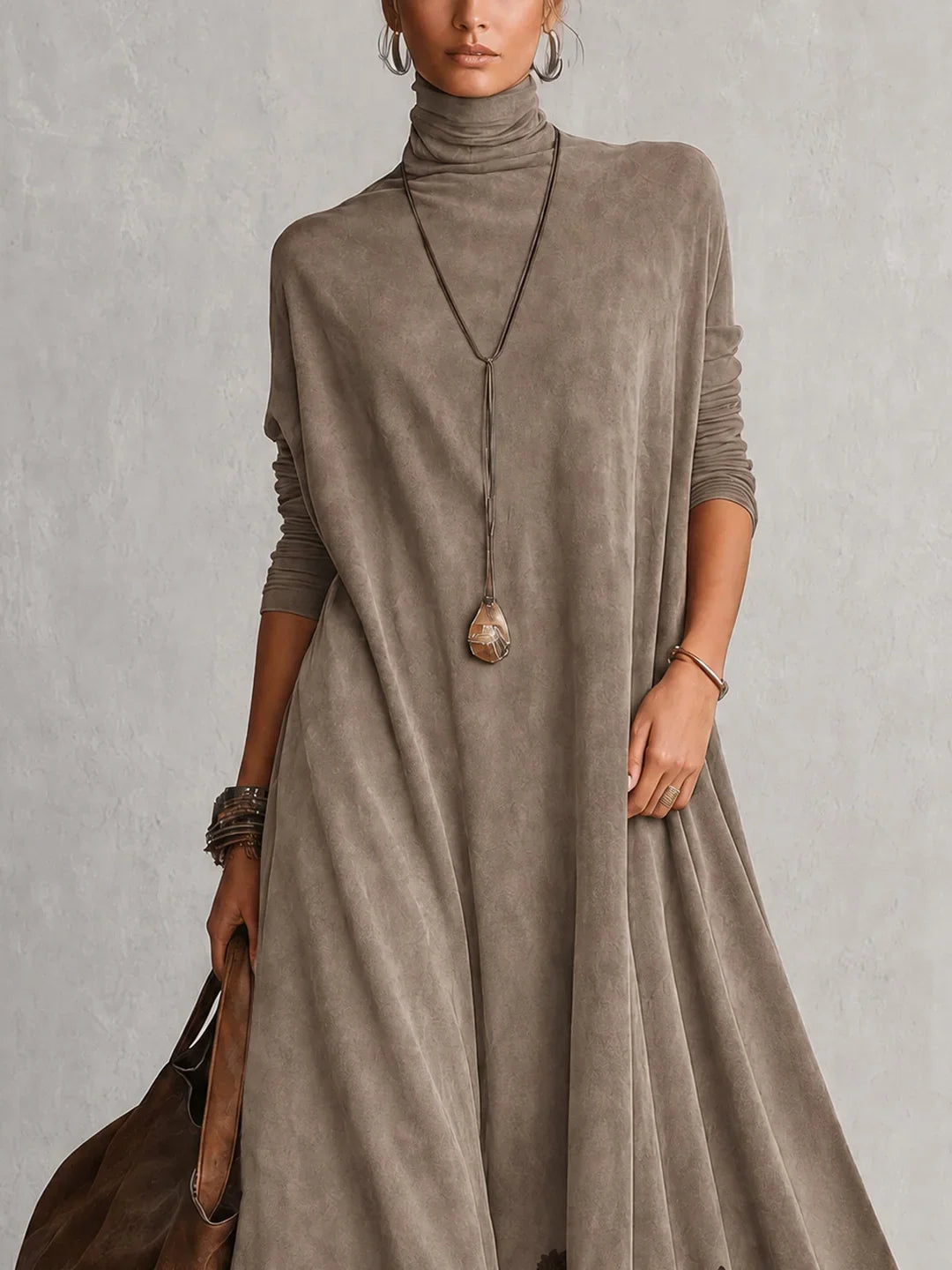 BRUNELLA | Long Dress with Suede Effect and Lace Hem