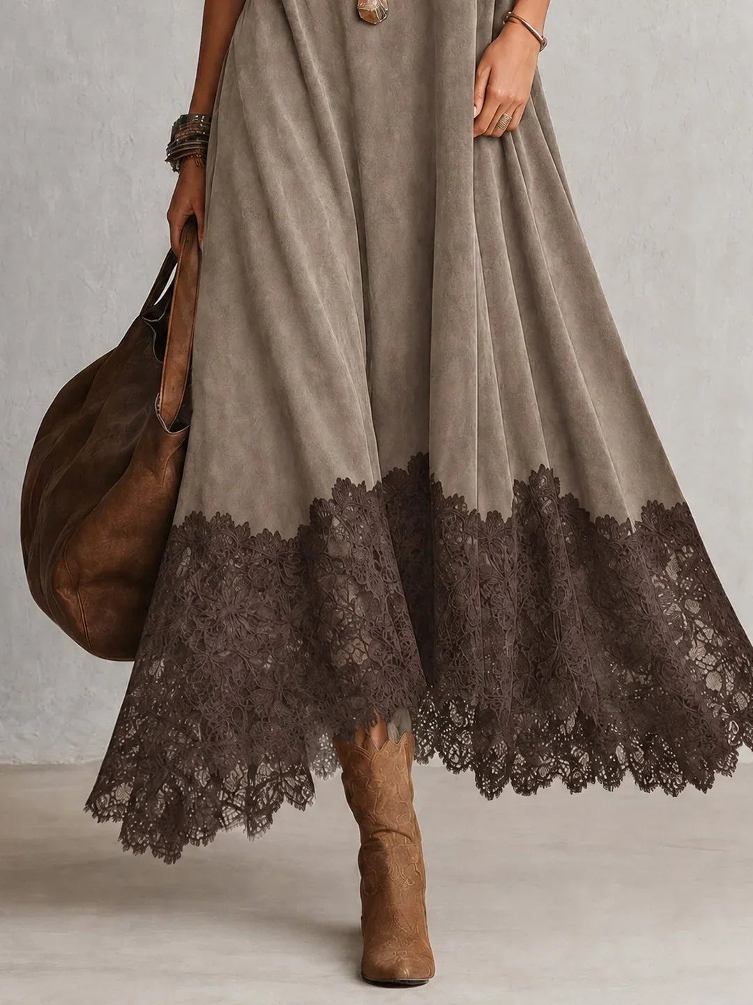 BRUNELLA | Long Dress with Suede Effect and Lace Hem