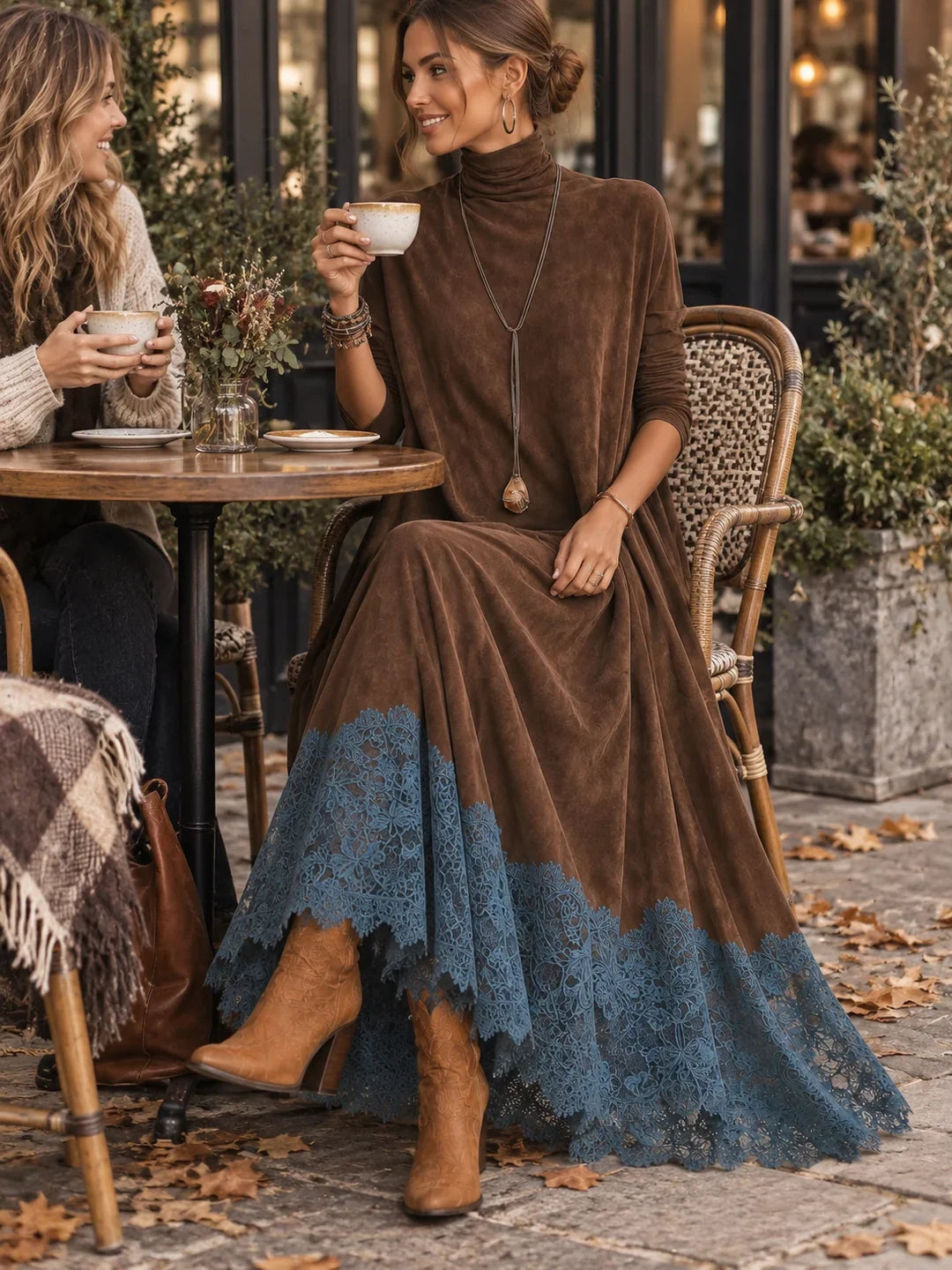 BRUNELLA | Long Dress with Suede Effect and Lace Hem
