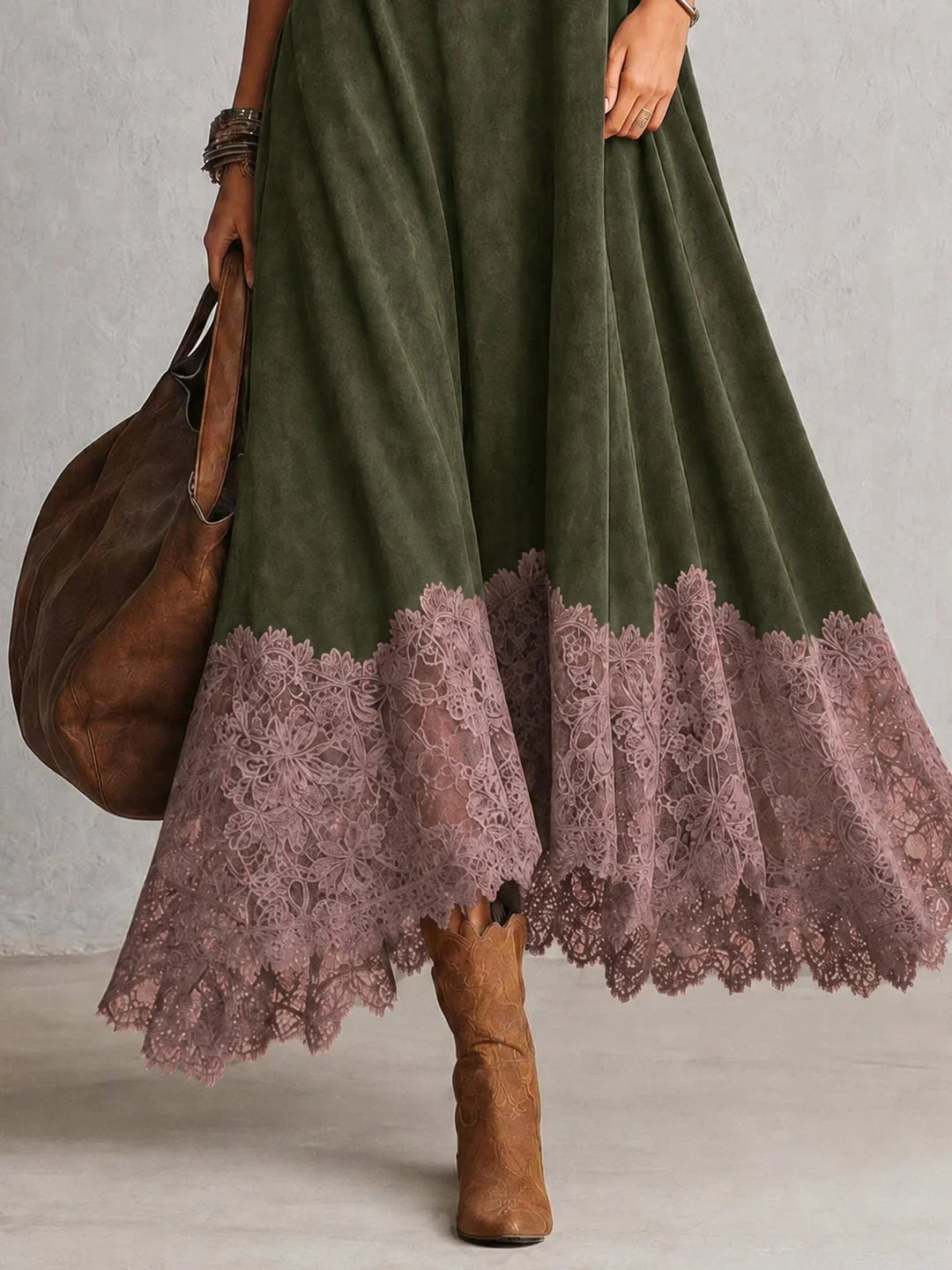 BRUNELLA | Long Dress with Suede Effect and Lace Hem