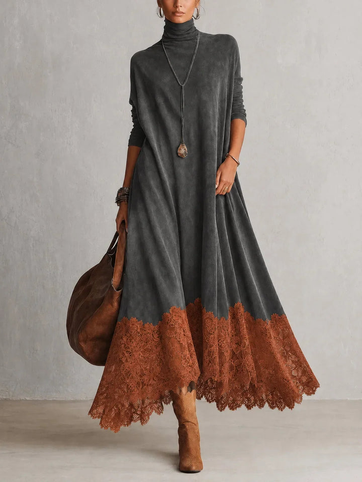 BRUNELLA | Long Dress with Suede Effect and Lace Hem