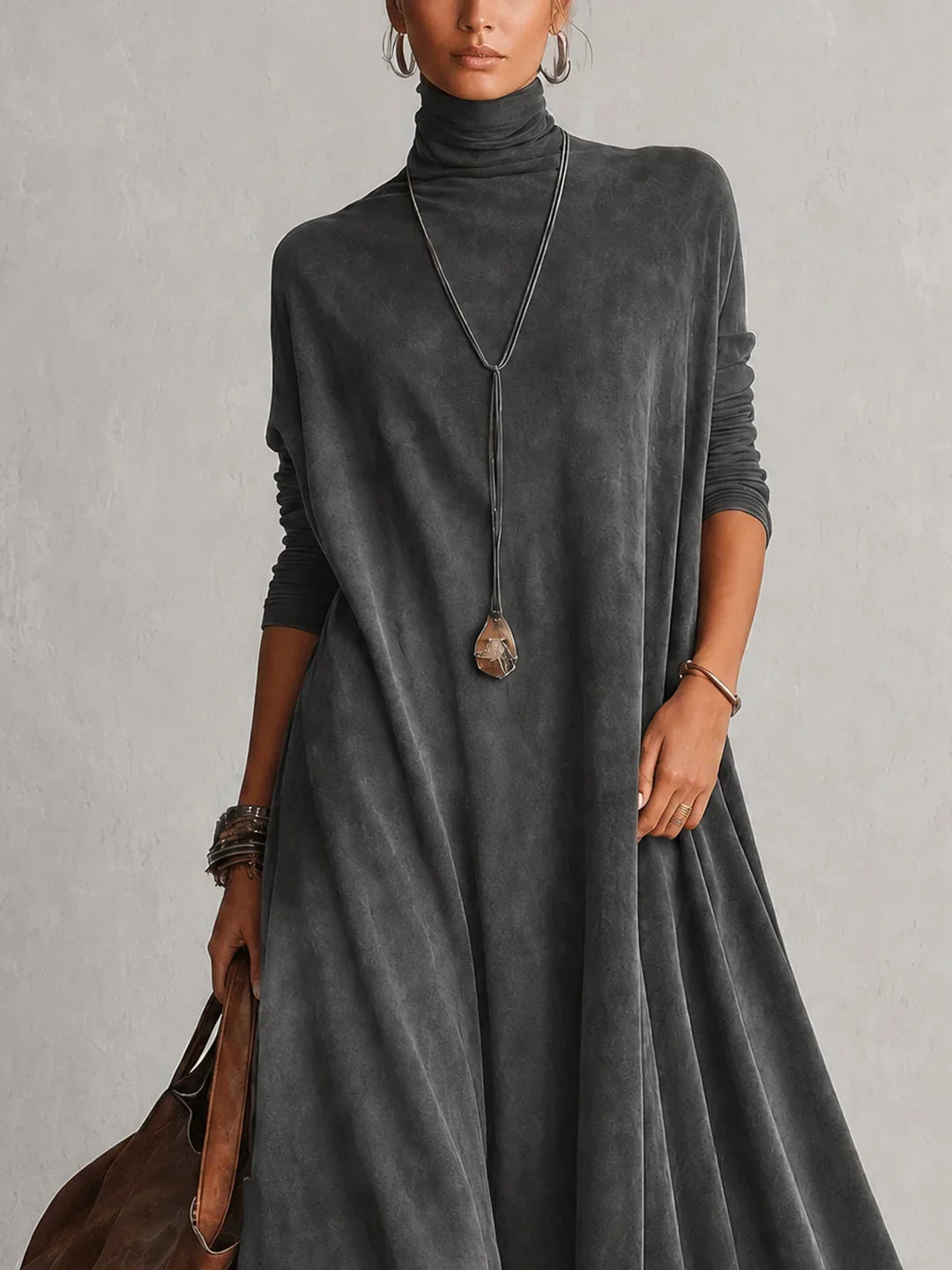 BRUNELLA | Long Dress with Suede Effect and Lace Hem