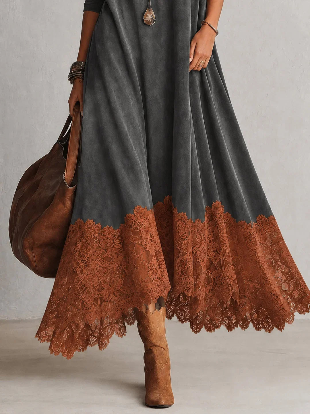 BRUNELLA | Long Dress with Suede Effect and Lace Hem