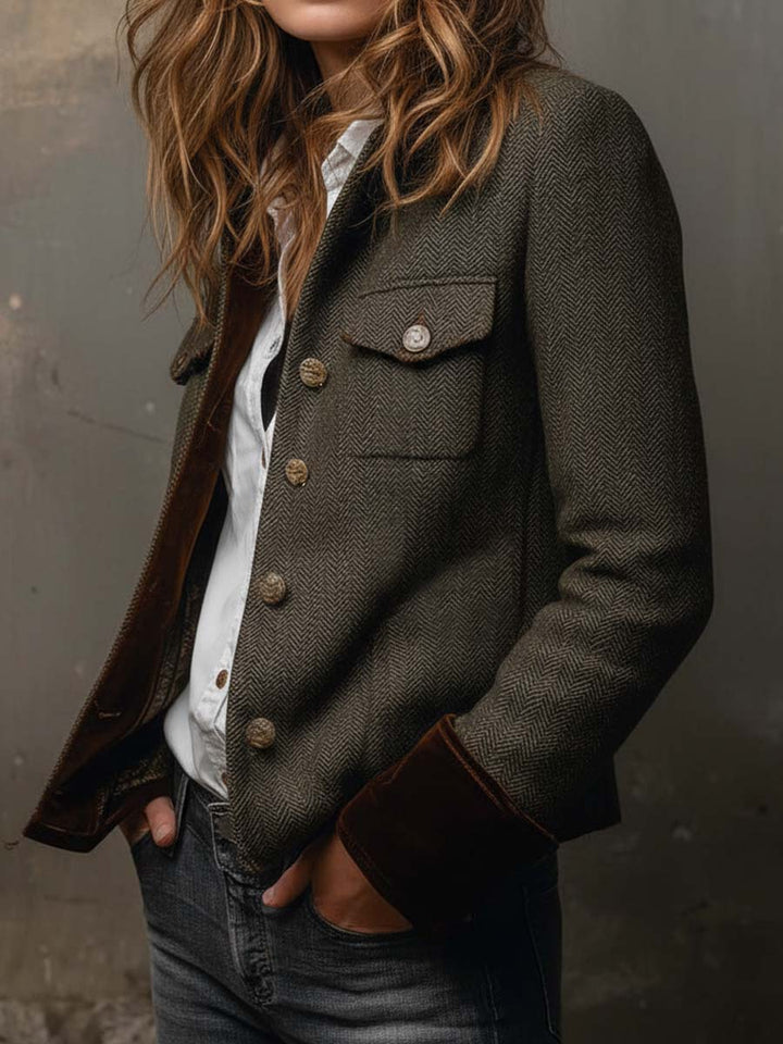 Agnes | Herringbone Contrast-Trim Blazer - My Store