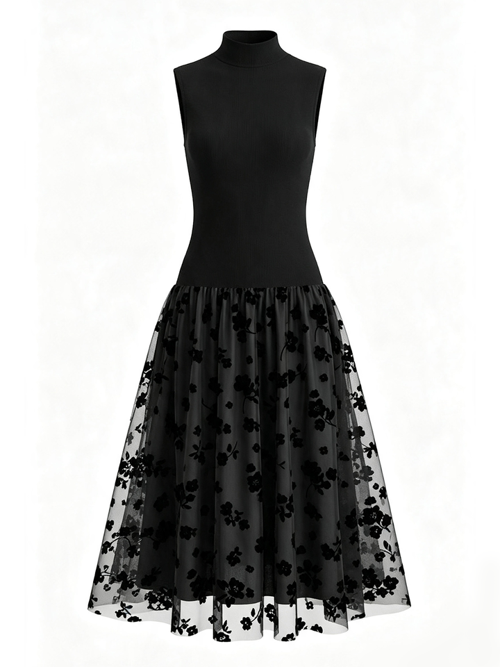 Addie | Flocked Knit High Neck Drop-Waist Sleeveless A-Line Maxi Dress