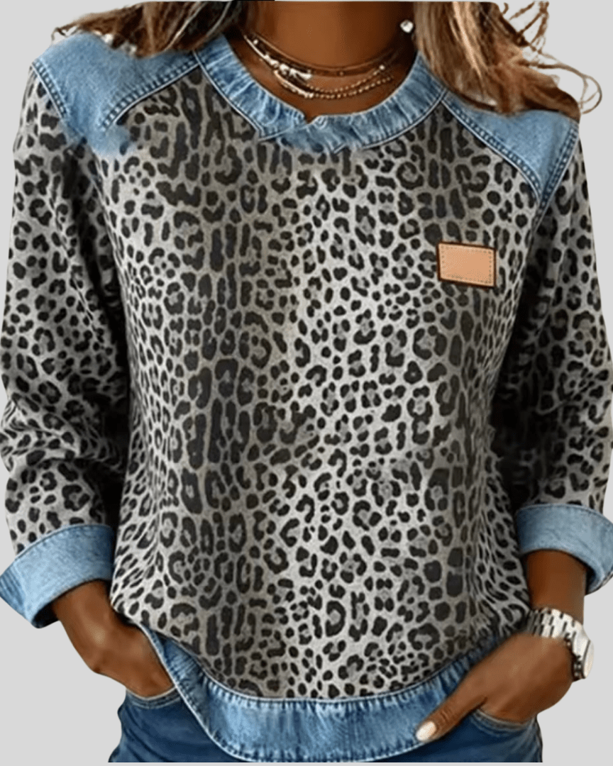 EMMA | Leopard print sweater with denim-look collar - My Store