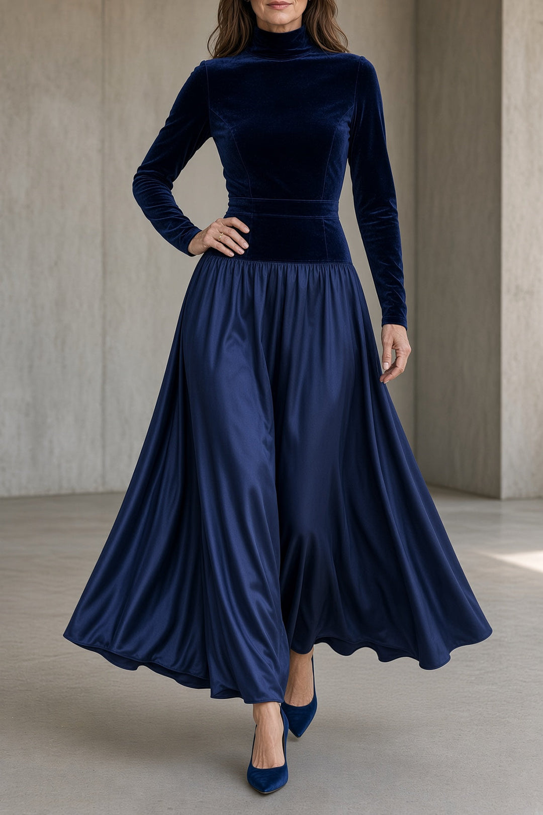 Vivien | High-Neck Velvet Dress with Flowing Maxi Skirt