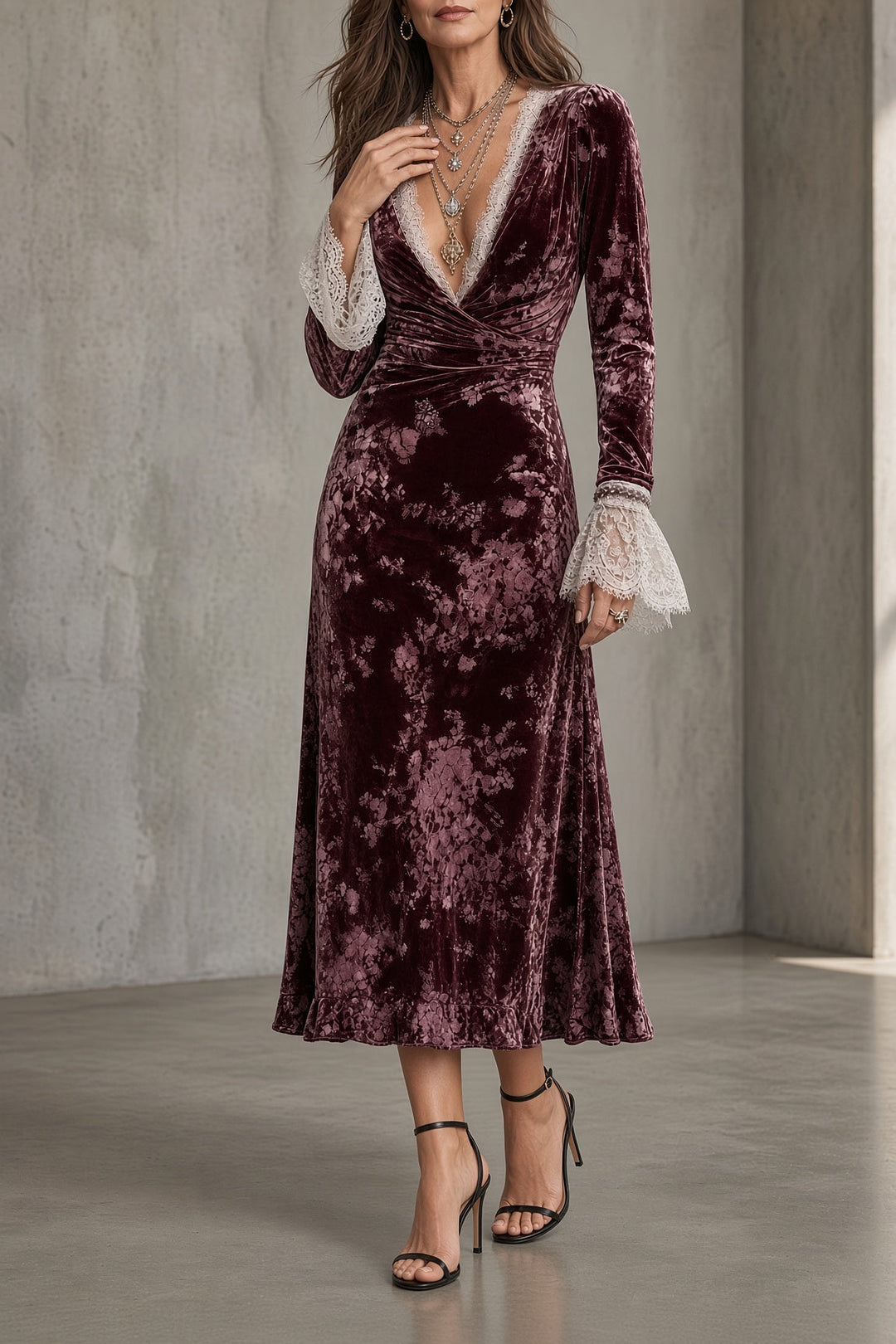 Mia | Lace-Trimmed Velvet Wrap Dress
