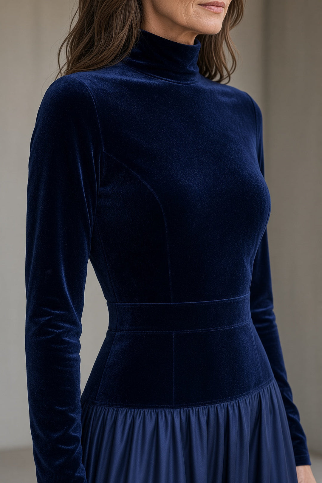 Vivien | High-Neck Velvet Dress with Flowing Maxi Skirt