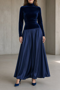 Vivien | High-Neck Velvet Dress with Flowing Maxi Skirt