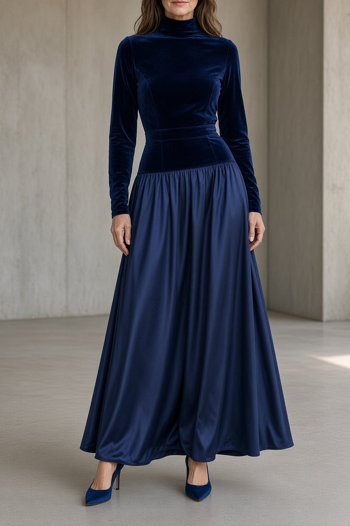 Vivien | High-Neck Velvet Dress with Flowing Maxi Skirt