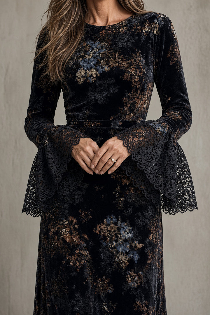 Luna | Lace-Sleeve Velvet Maxi Dress