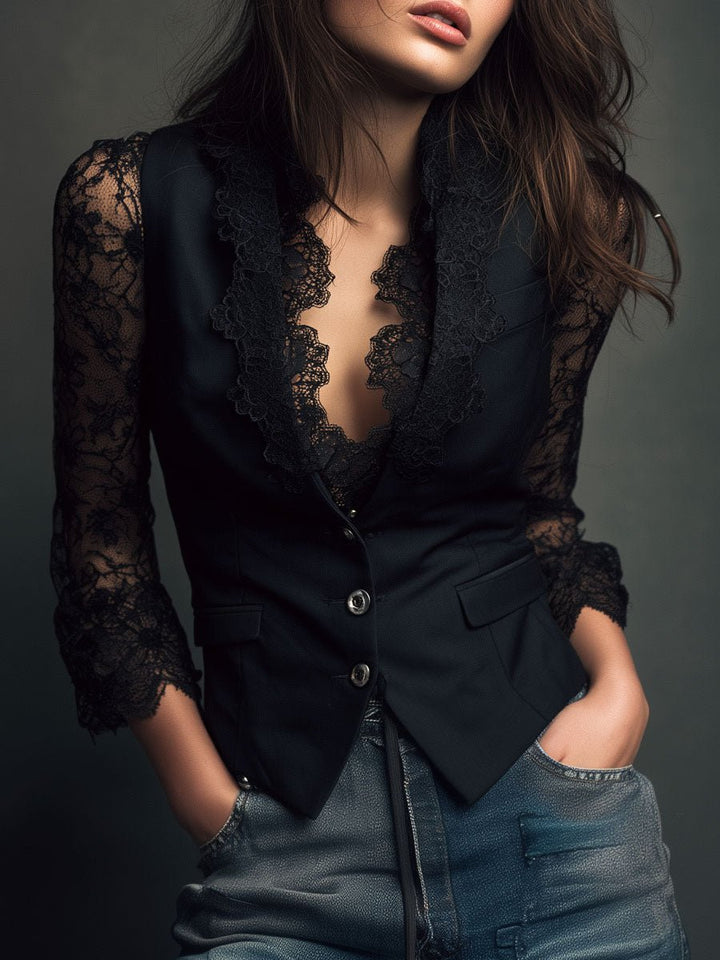 Noémie | Black Blazer Top with Semi-Transparent Sleeves - My Store