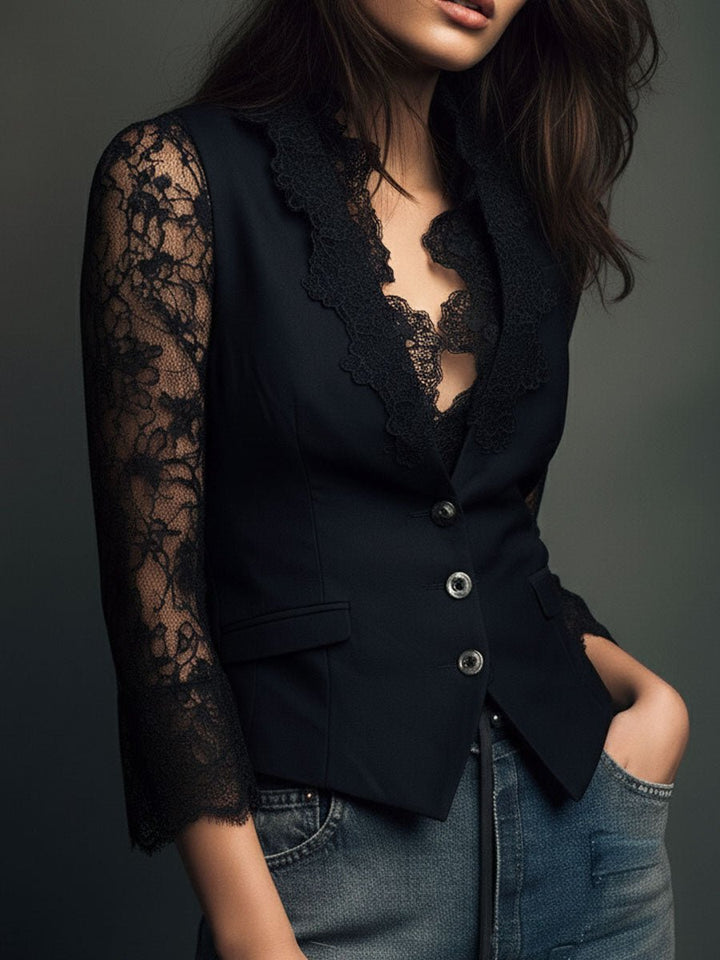 Noémie | Black Blazer Top with Semi-Transparent Sleeves - My Store