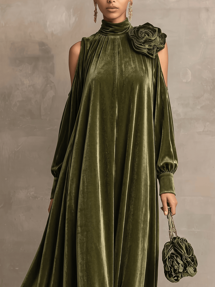 Simonetta | Pleated Maxi Dress with Floral Shoulder - My Store
