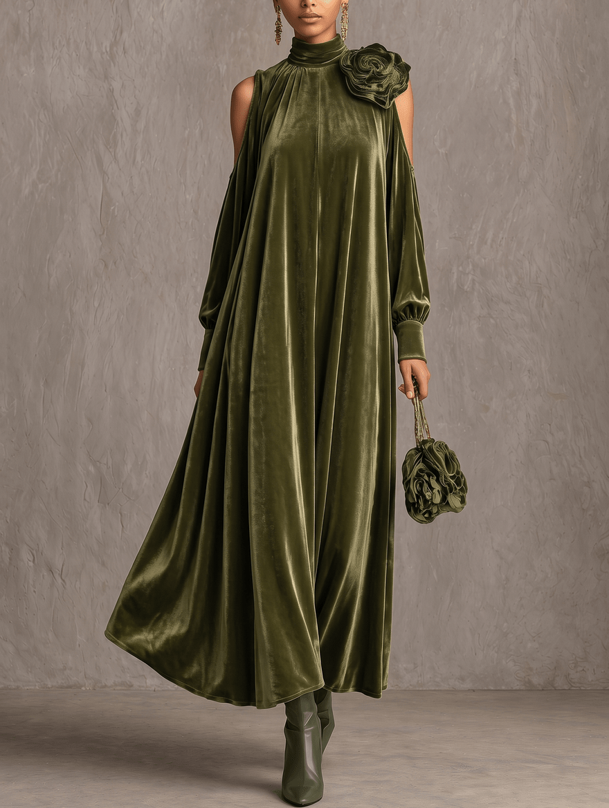 Simonetta | Pleated Maxi Dress with Floral Shoulder - My Store