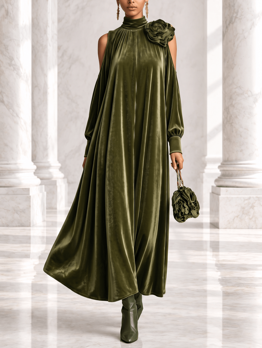 Simonetta | Pleated Maxi Dress with Floral Shoulder - My Store