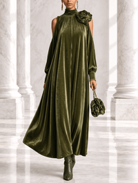 Simonetta | Pleated Maxi Dress with Floral Shoulder