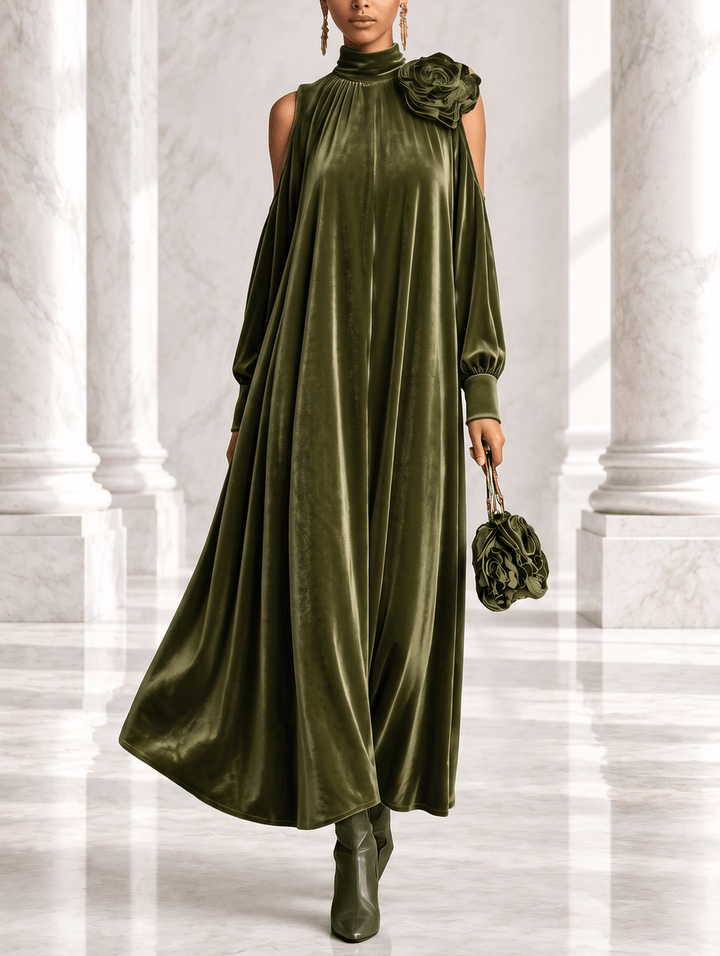 Simonetta | Pleated Maxi Dress with Floral Shoulder - My Store